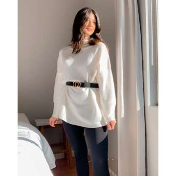 LAISHEN Womens Casual Turtleneck Batwing Sleeve Chunky Knit Slouchy Tunic Sweaters Oversized Pullover Tops(White,XL)