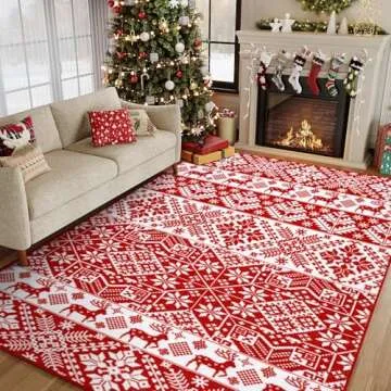 HUGEAR Christmas Vintage Area Rug 5x7 Living Room Rug Machine Washable Rugs Low Pile Carpet Indoor Door Mat Red/White Non-Slip Retro Carpet for Bedroom Kitchen Entryway Bathroom