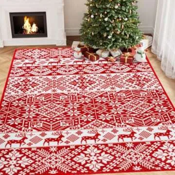 HUGEAR Christmas Vintage Area Rug 5x7 Living Room Rug Machine Washable Rugs Low Pile Carpet Indoor Door Mat Red/White Non-Slip Retro Carpet for Bedroom Kitchen Entryway Bathroom