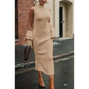 PRETTYGARDEN Womens Fall 2 Piece Outfits Bodycon Maxi Tank Pullover Sweater Dress And Long Sleeve Cropped Cardigan Knit Sets (Beige,Medium)
