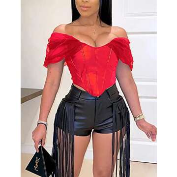 L'VOW Women's Sexy PU Leather Mesh Bustier Off Shoulder Boned Tank Top Backless Corset Crop Top(Red,M)