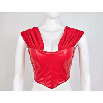 L'VOW Women's Sexy PU Leather Mesh Bustier Off Shoulder Boned Tank Top Backless Corset Crop Top(Red,M)