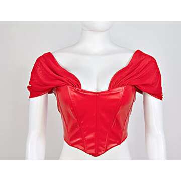 L'VOW Women's Sexy PU Leather Mesh Bustier Off Shoulder Boned Tank Top Backless Corset Crop Top(Red,M)