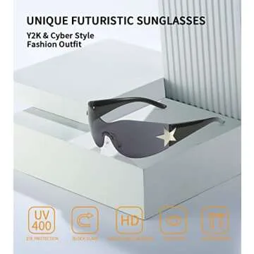Dollger Trendy Y2K Sunglasses Women Men Rimless Wrap Around Sunglasses Fufuristic Y2K Fashion Visor 2000 Glasses Shield Black Shades