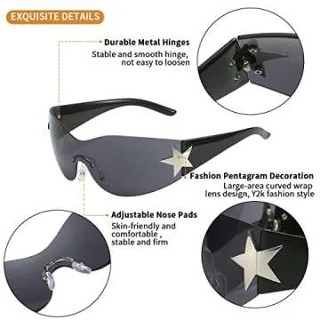 Dollger Trendy Y2K Sunglasses Women Men Rimless Wrap Around Sunglasses Fufuristic Y2K Fashion Visor 2000 Glasses Shield Black Shades