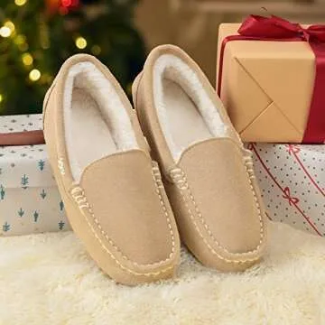 DREAM PAIRS Women's Fuzzy House Slippers Cozy Faux Fur Micro Suede Moccasins Slip on Loafer Shoes for Indoor and Outdoor,Size 6.5-7,Sand,AUZY-01