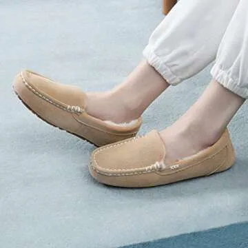 DREAM PAIRS Women's Fuzzy House Slippers Cozy Faux Fur Micro Suede Moccasins Slip on Loafer Shoes for Indoor and Outdoor,Size 6.5-7,Sand,AUZY-01