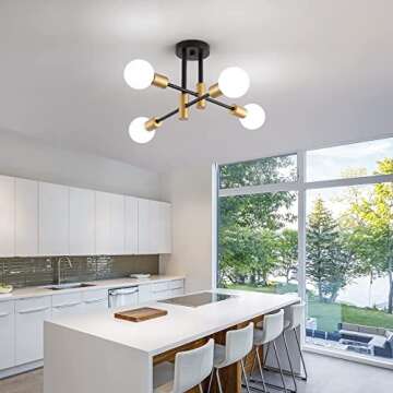 MEIXISUE Black and Gold Modern Sputnik Chandelier Ceiling Light Fixtures,4-Lights Mid Century Industrial Metal Semi Flush Mount Ceiling Lights for Bedroom Kitchen Hallway Entryway Office UL Listed