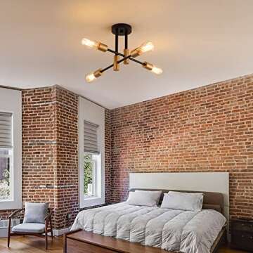 MEIXISUE Black and Gold Modern Sputnik Chandelier Ceiling Light Fixtures,4-Lights Mid Century Industrial Metal Semi Flush Mount Ceiling Lights for Bedroom Kitchen Hallway Entryway Office UL Listed