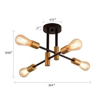 MEIXISUE Black and Gold Modern Sputnik Chandelier Ceiling Light Fixtures,4-Lights Mid Century Industrial Metal Semi Flush Mount Ceiling Lights for Bedroom Kitchen Hallway Entryway Office UL Listed