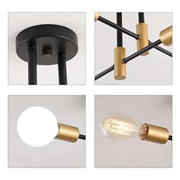 MEIXISUE Black and Gold Modern Sputnik Chandelier Ceiling Light Fixtures,4-Lights Mid Century Industrial Metal Semi Flush Mount Ceiling Lights for Bedroom Kitchen Hallway Entryway Office UL Listed