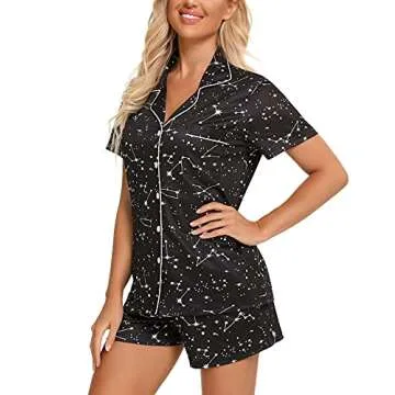Anjue Women's Pajama Sets Bride Pjs Button Front Sleepwear Set Short Sleeve 2 Pc Pj Loungewear(A-Black Stars,M)
