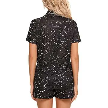 Anjue Women's Pajama Sets Bride Pjs Button Front Sleepwear Set Short Sleeve 2 Pc Pj Loungewear(A-Black Stars,M)