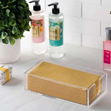 BloominGoods Guest Towel Napkin Holder For Bathroom Or Kitchen - Clear Acrylic Hand Towel Storage Tray - Classic Rectangle Napkin Holder For Table, Dining table.