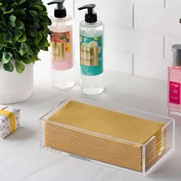 BloominGoods Guest Towel Napkin Holder For Bathroom Or Kitchen - Clear Acrylic Hand Towel Storage Tray - Classic Rectangle Napkin Holder For Table, Dining table.