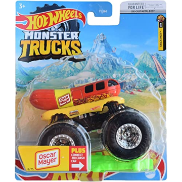 DieCast Hot Wheels Monster Trucks Oscar Mayer Hot Dog, 1:64 Scale Truck - 8/75 Plus Connect and Cras...