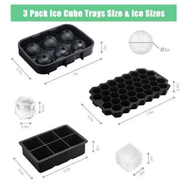 Ice Cube Tray, Set of 3 Silicone Large Square Ice Molds Sphere Ice Ball Maker Honeycomb Ice Trays with Lid for Whiskey Cocktails and Icecream