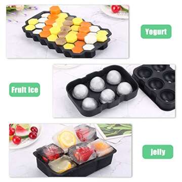 Ice Cube Tray, Set of 3 Silicone Large Square Ice Molds Sphere Ice Ball Maker Honeycomb Ice Trays with Lid for Whiskey Cocktails and Icecream