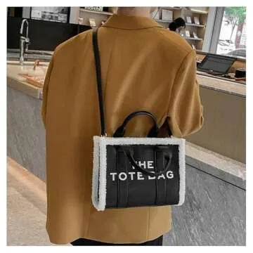 NEGBIU Tote Bag for Women, PU Leather Tote Bag with Lamb Wool, Crossbody Handbag for Travel/Work（11 * 8.26 * 4.3in