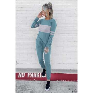 PRETTYGARDEN Women's Color Block 2 Piece Tracksuit Crewneck Long Sleeve Tops Long Sweatpants Outfits Lounge Sets(Blue,Medium)