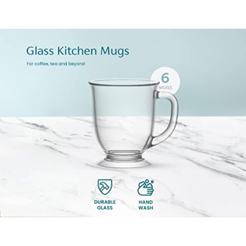Kook 15 oz Clear Glass Coffee Mugs Set of 6 for Hot Drinks