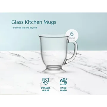 Kook 15 oz Clear Glass Coffee Mugs Set of 6 for Hot Drinks