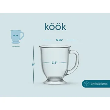Kook 15 oz Clear Glass Coffee Mugs Set of 6 for Hot Drinks