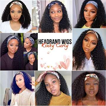 V SHOW Headband Wig Human Hair Kinky Curly Headband Wigs for Women Glueless Human Hair Wigs 20 Inch None Lace Front Wigs Brazilian Kinky Curly Virgin Hair Wear and Go 180% Density Wig