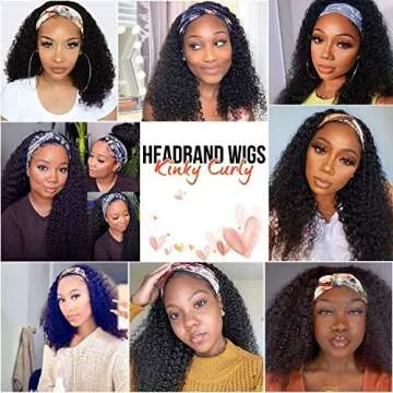 V SHOW Headband Wig Human Hair Kinky Curly Headband Wigs for Women Glueless Human Hair Wigs 20 Inch None Lace Front Wigs Brazilian Kinky Curly Virgin Hair Wear and Go 180% Density Wig