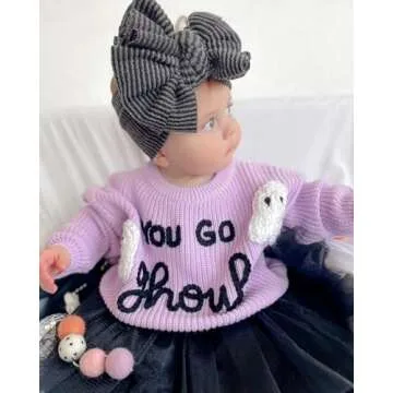 Lnzyyephy Toddler Baby Boy Girl Halloween Outfit Infant Pumpkin Embroidery Knit Sweaters Sweatshirt Tops Fall Winter Clothes (Cotton+Polyester-Purple A, 18-24 Months)