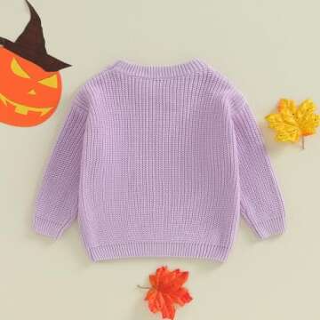 Lnzyyephy Toddler Baby Boy Girl Halloween Outfit Infant Pumpkin Embroidery Knit Sweaters Sweatshirt Tops Fall Winter Clothes (Cotton+Polyester-Purple A, 18-24 Months)