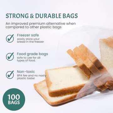 Reusable Plastic Bread Bags for Homemade Bread - 100 Pack Clear Bag with Ties For An Airtight Moistu...