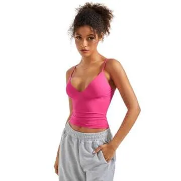 SUUKSESS Women Sexy Deep V Neck Sleeveless Fitted Basic Tops Y2K Going Out Crop Tank Top Camisole (Hot Pink,L)