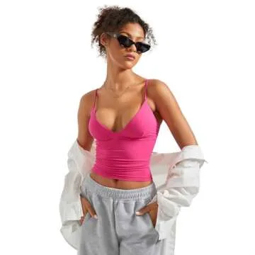 SUUKSESS Women Sexy Deep V Neck Sleeveless Fitted Basic Tops Y2K Going Out Crop Tank Top Camisole (Hot Pink,L)