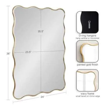 Kate and Laurel Viona Modern Scalloped Rectangle Mirror, 24 x 36, Gold, Decorative Wavy Mirror with ...