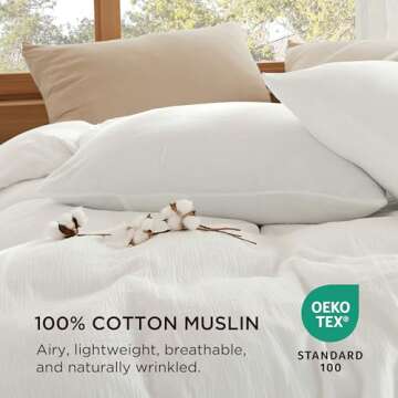 Bedsure 100% Muslin Cotton Duvet Cover Queen Size - Ultra-Soft, Breathable & Lightweight - Linen Like Gauze Comforter Cover Set with Button Closure and Corner Ties (White, Queen, 90"x90")