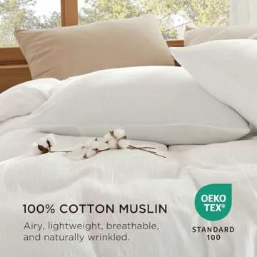 Bedsure 100% Muslin Cotton Duvet Cover Queen Size - Ultra-Soft, Breathable & Lightweight - Linen Like Gauze Comforter Cover Set with Button Closure and Corner Ties (White, Queen, 90"x90")