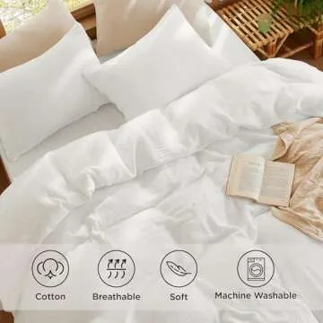 Bedsure 100% Muslin Cotton Duvet Cover Queen Size - Ultra-Soft, Breathable & Lightweight - Linen Like Gauze Comforter Cover Set with Button Closure and Corner Ties (White, Queen, 90"x90")
