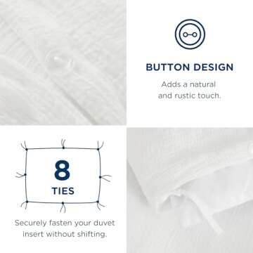 Bedsure 100% Muslin Cotton Duvet Cover Queen Size - Ultra-Soft, Breathable & Lightweight - Linen Like Gauze Comforter Cover Set with Button Closure and Corner Ties (White, Queen, 90"x90")