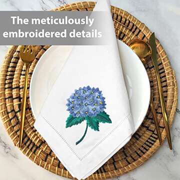 HCRAFT Embroidered Cotton Table Napkin, Cloth Napkins Set of 4 18"x18" Flower Hydrangea Napkin Square Fabric, Dining Room, Napkins Cloth Machine Washable, Cotton Cloth Napkins, Great Present Ideas