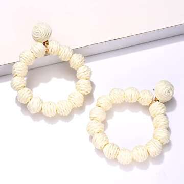 Rattan Earrings Rattan Ball Hoop Dangle Earrings for Women Handmade Bohemia Earrings Braid Straw Wicker Raffia Earrings Summer Beach Accessory Gifts (White)