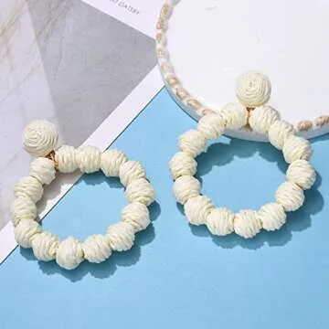 Rattan Earrings Rattan Ball Hoop Dangle Earrings for Women Handmade Bohemia Earrings Braid Straw Wicker Raffia Earrings Summer Beach Accessory Gifts (White)