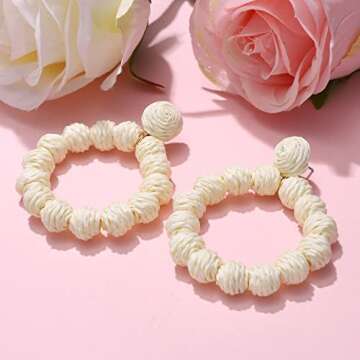 Rattan Earrings Rattan Ball Hoop Dangle Earrings for Women Handmade Bohemia Earrings Braid Straw Wicker Raffia Earrings Summer Beach Accessory Gifts (White)
