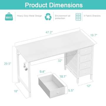 Lufeiya White Computer Desk with Fabric Drawers, 47 Inch Reversible Study Work Writing Desk for Home Office Bedroom, Simple Modern Cute PC Desks with Drawer, White