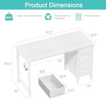 Lufeiya White Computer Desk with Fabric Drawers, 47 Inch Reversible Study Work Writing Desk for Home Office Bedroom, Simple Modern Cute PC Desks with Drawer, White
