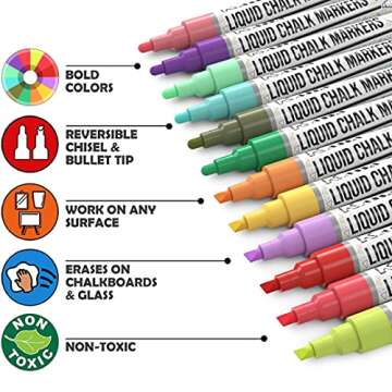 10 Pack 6mm Pastel Multicolor Chalk Markers, With 4 Bullet & Chisel Dual Tips, Works on Chalkboards, Windows, Glass or Mirrors, Erasable & Dust-Free, Ideal for Use at Home, School & Office
