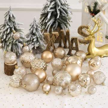 Christmas Ball Ornaments Champagne Christmas Tree Decorations with Hang Rope-36pcs Shatterproof Christmas Ornaments Set with 6 Styles in 3 Sizes(Small Medium Large)