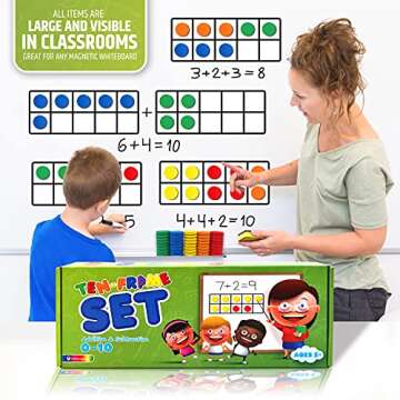 Magnetic Ten Frame Set: 4 Durable Ten-Frames + 50 Colorful Counters + 50 Math Flash Cards + 5 Dice - Addition & Subtraction - Math Manipulatives Kit for Home, Kindergarten & Elementary Teachers