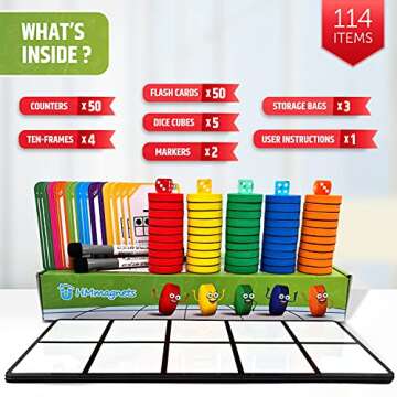 Magnetic Ten Frame Set: 4 Durable Ten-Frames + 50 Colorful Counters + 50 Math Flash Cards + 5 Dice - Addition & Subtraction - Math Manipulatives Kit for Home, Kindergarten & Elementary Teachers