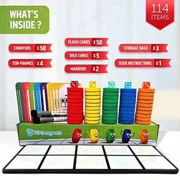 Magnetic Ten Frame Set: 4 Durable Ten-Frames + 50 Colorful Counters + 50 Math Flash Cards + 5 Dice - Addition & Subtraction - Math Manipulatives Kit for Home, Kindergarten & Elementary Teachers